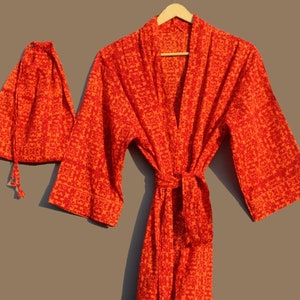 Bath Robe,Cotton Kimono,Indian Hand block print Cotton Bath Robe,Night Wear Suit,Swim Wear,Dressing Gown, Beige,Same as Picture.With Belt.