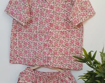 Floral Cotton Pajama Set – Hand Block Print Sleepwear, Button Down Top & Shorts,  Loungewear.