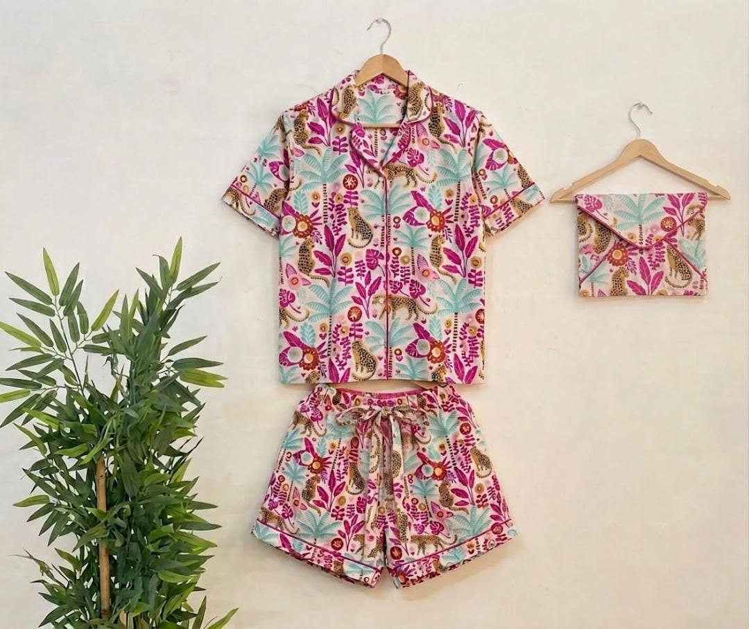 Handmade Tropical Cotton Pajama Set, Short Sleeve Sleepwear With Pouch ...