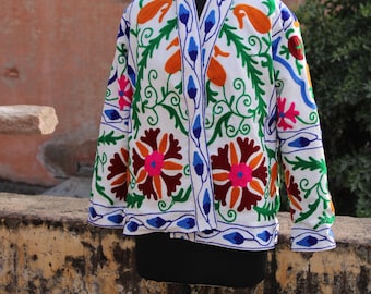 Handmade Suzani Embroidered Cotton Jacket: Bohemian Kimono Duster Coat