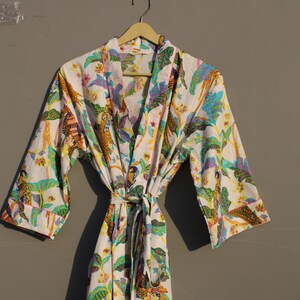 Bird Print Kimono Robe women Dressing Gown - Hand Printed 100% Light Breathable Cotton Bathrobe for Women - Women's Boho Lightweight Robe