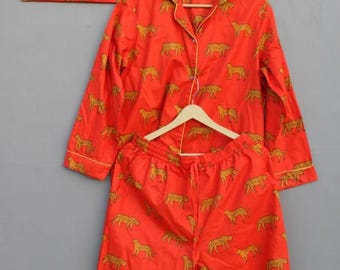 Conjunto de pijama de algodão feito à mão: pijama indiano com estampa de tigre, presente personalizado para noiva