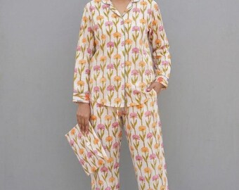 Cotton Pajama Set, Printed Short PJ Set for Women, boho style Sleepwear, Lounge wear.