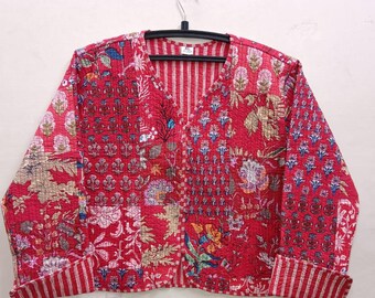 Handmade Cotton Patchwork Quilted Jacket: Indian Block Print Duster Coat