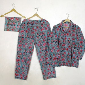 Indian hand block cotton pyjama set, woman night wear soft pyjama set, morning wear floral print pyjama set, personalised bride wedding gift