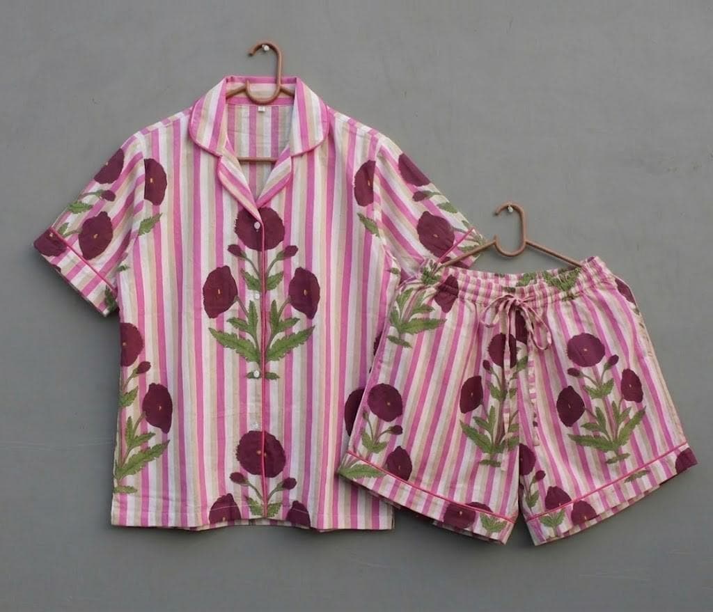 Pink Floral Cotton Pajama Set, Striped Short Sleepwear, Handmade Lounge Wear