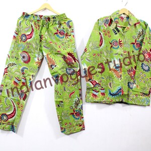 Indian hand bock cotton pyjama set, floral print soft pj&#39;s, summer sleepwear, women and man morning walk pj&#39;s, family pyjama, matching pjs.