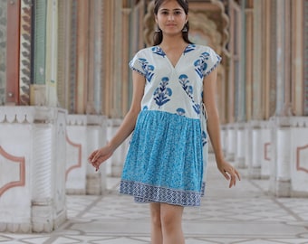 100% Indian hand block cotton Angrakha short dress/personalised bride gift/summer wear stylish floral print beach wear unique dress on sale/