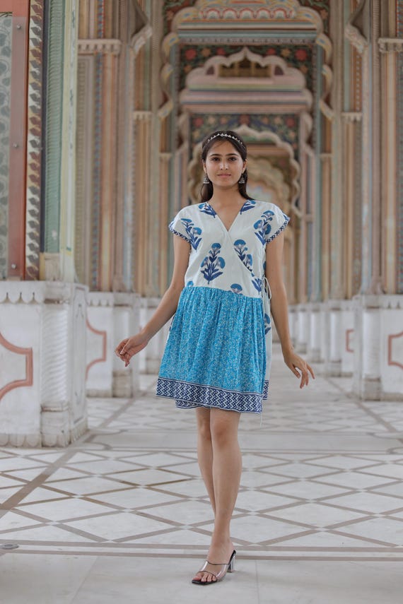 100% Indian hand block cotton Angrakha short dress/personalised bride  gift/summer wear stylish floral print beach wear unique dress on sale/