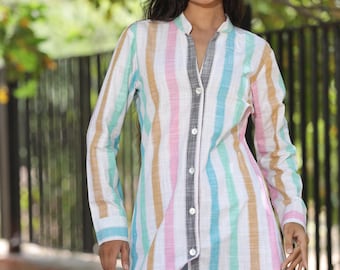 Hand Block Print Cotton Shirt: Jaipur Indian Tunic, Collared Button Down