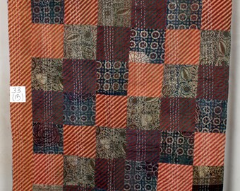 Hand Block Printed Cotton Kantha Quilt: 90x108 Indian Blanket