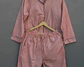 Striped Cotton Pajama Set: Hand Block Print Sleepwear