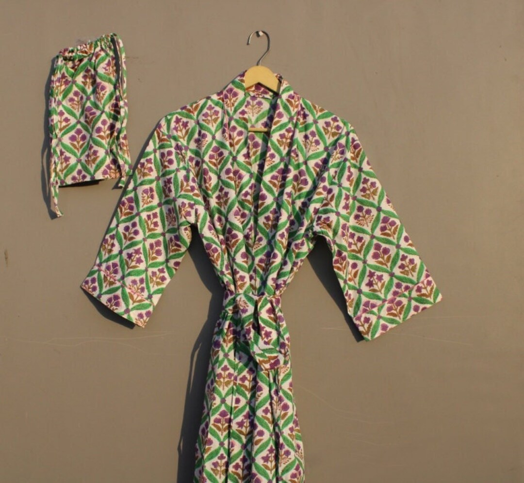 Block Print Robes Cotton Kimono Robe Kimono Robes Dressing Gown Women's