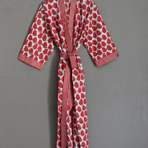 Indian handmade strawberry print kimono,festive night wear comfort bath robe,personalised gift beach wear kimono, bikini cover up kimono,