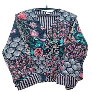 Indian handmade cotton, quilted jacket,women and men coat, patchwork style jacket, Boho Black printed coat Reversible jacket gift for her,