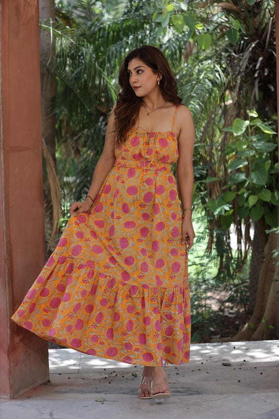 Hand Block Print Cotton Dress: Floral Summer Casual Wear - Etsy Israel