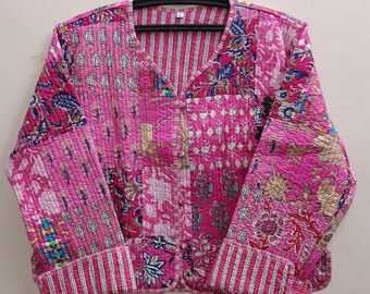 Handmade Cotton Quilted Patchwork Jacket: Floral Print Boho Coat