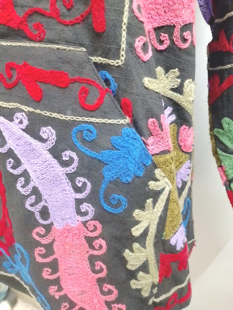 Hand Block Print Cotton Hoodie Jacket Floral Embroidery Suzani Style Hand Block Print Cotton Hoodie Jacket Floral Embroidery Suzani Style