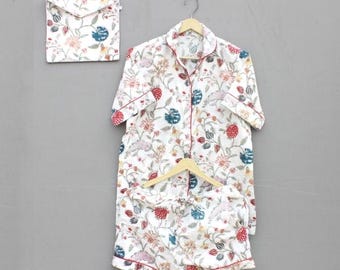 Floral Cotton Pajama Set Women, Summer PJ Shorts Set, Lightweight Sleepwea.