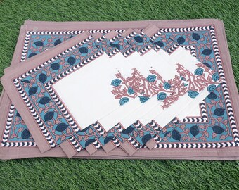 Hand Block Print Placemats, Indian Floral Print Napkins Set, Indian Table Decor, Washable Cotton  Napkins, Table Linens