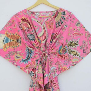 Dress Beach Cover up, Women Dress Long Caftan,Indian Handmade Floral Cotton Kaftan,  Geometric Print Sleepwear Maxi Dress Kimono Rabe