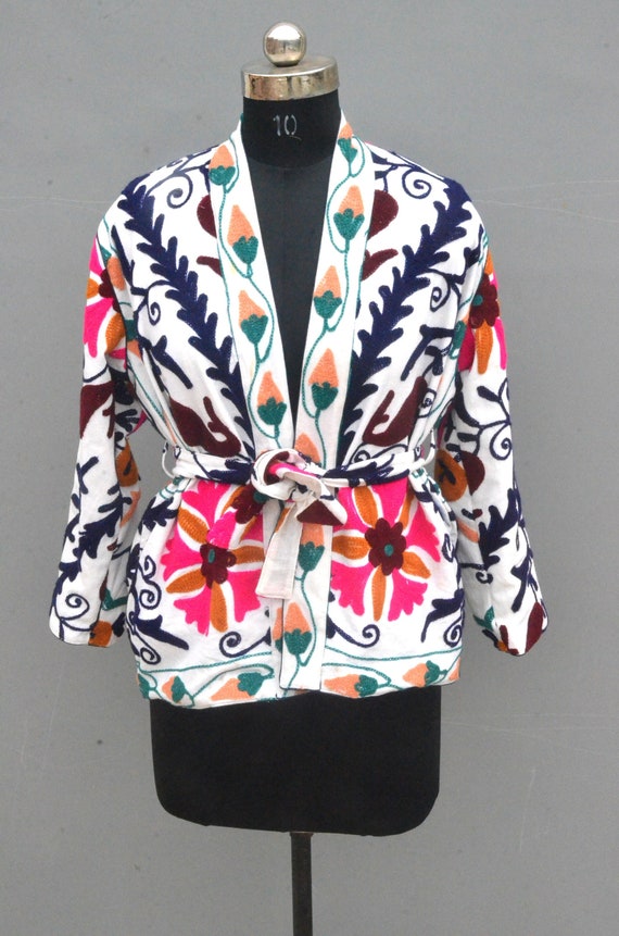 Handmade Suzani Embroidery Short Kimono Jacket: Bohemian Robe