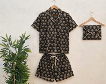 Cotton Pajama Set for Women, Tree Print Short PJ Set, summer wear.