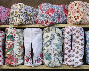 indian hand block print bag ourgnic cotton bag woman makeup bag treval bag floral print bag cosmetic bag loiltery bags cotton fabric bag on,