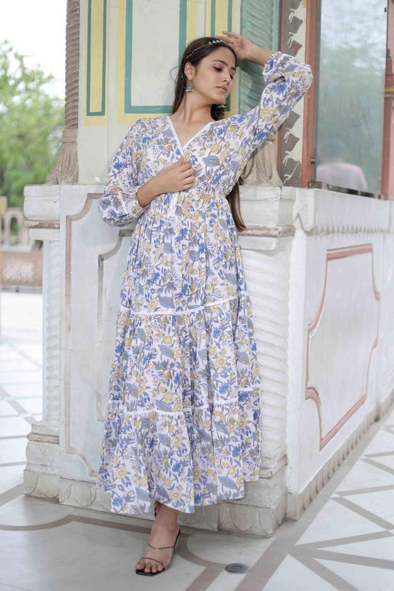 Floral Dresses Loose Fitting Maxi Dresses With Sleeves Floral Cotton Maxi Dress – Hand Block Print Dress