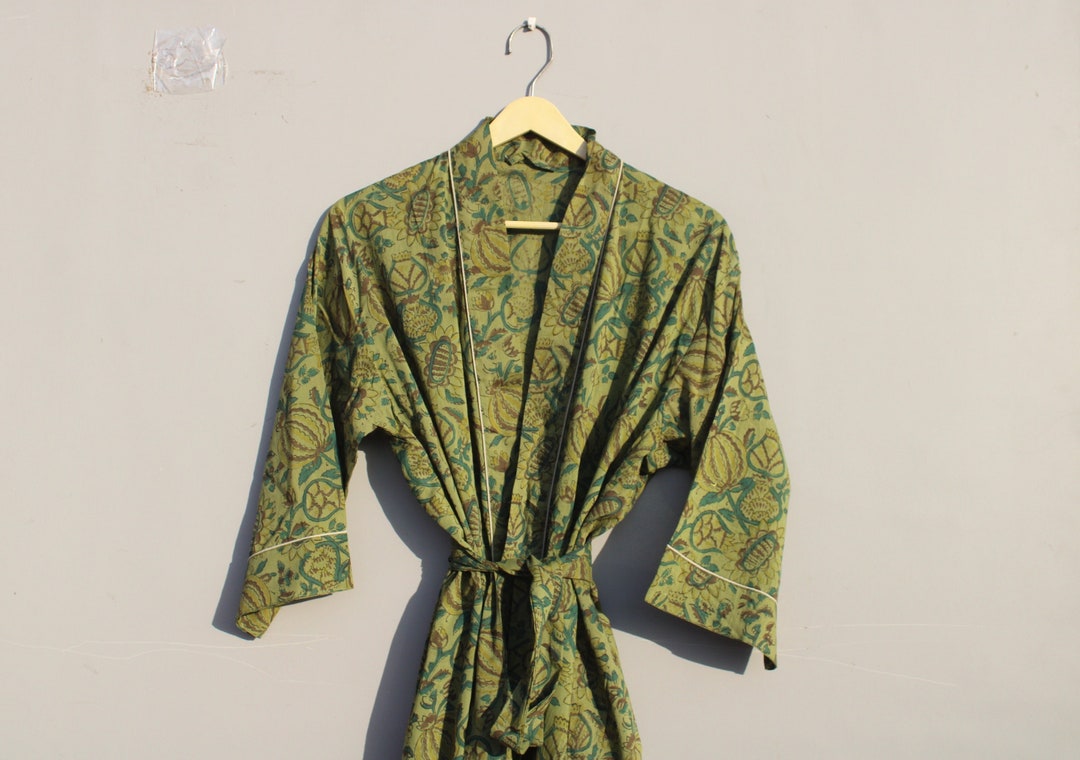 Green Block Print Robes Cotton Kimono Robe Kimono Robes Dressing Gown