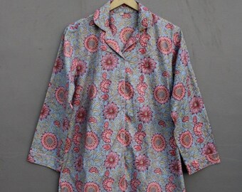 Hand Block Print Cotton Pajama Set: Women's Short Sleeve Sleepwear