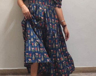 Hand Block Printed Cotton Dress: Indian Floral Maxi, Summer wear boho dress.