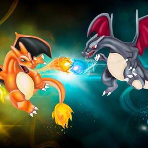 May include: Digital illustration of two Charizard characters engaged in battle. One is orange, the other is gray with red wings. Both are emitting energy blasts of fire and electricity. The background is a dark teal with yellow and blue highlights.