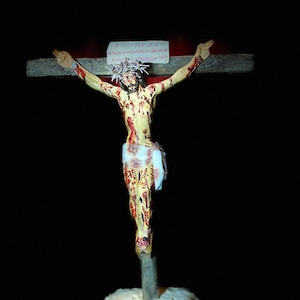 Crucifix to Meditate on the Passion of Christ, Based on the Shroud of Turin, with real thorn cap and tau cross.