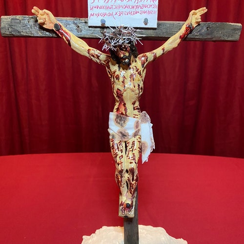 Crucifix to Meditate on the Passion of Christ, Based on the Shroud of Turin, with real thorn shops cap and tau cross.