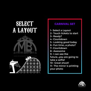 May include: A black and white illustration of a roller coaster with the text "SELECT A LAYOUT" and "MB animations" below. A white box with a pink and blue gradient background contains the text "CARNIVAL SET" and a list of 11 numbered items.