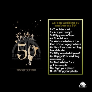 May include: A black and gold graphic with the text "Golden 50th Anniversary Set" and a list of 11 items to celebrate a 50th wedding anniversary. The graphic also includes a gold number 50 with hearts and champagne glasses.