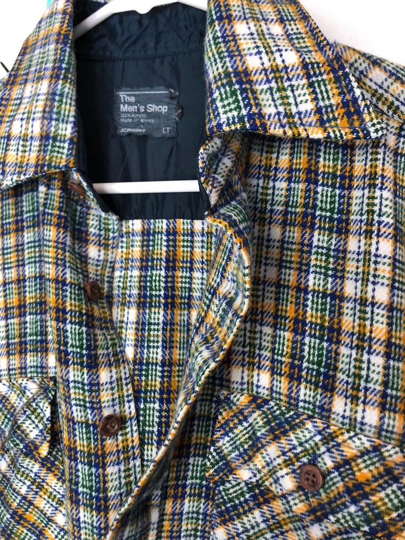 Vintage 60\u2019s 70\u2019s flannel green yellow blue Jc penny size large tall LT.
