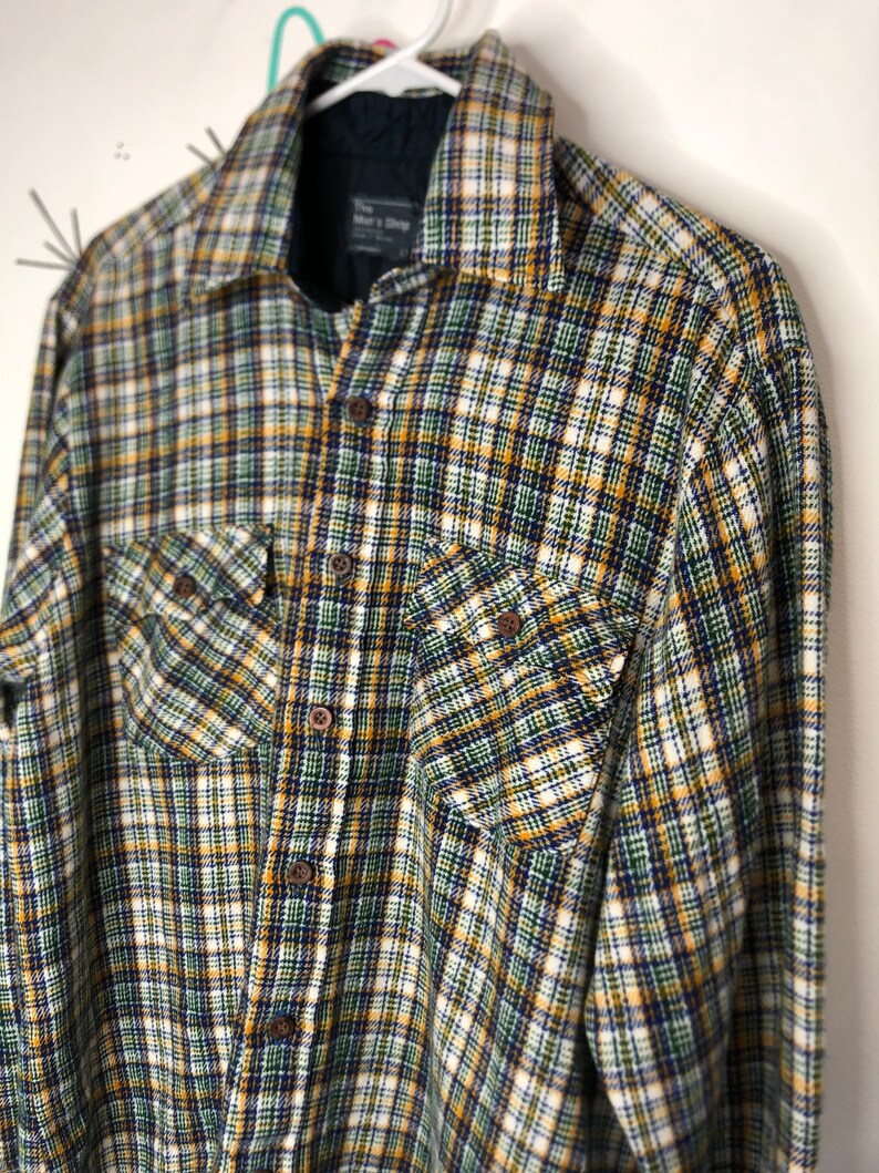 Vintage 60\u2019s 70\u2019s flannel green yellow blue Jc penny size large tall LT.