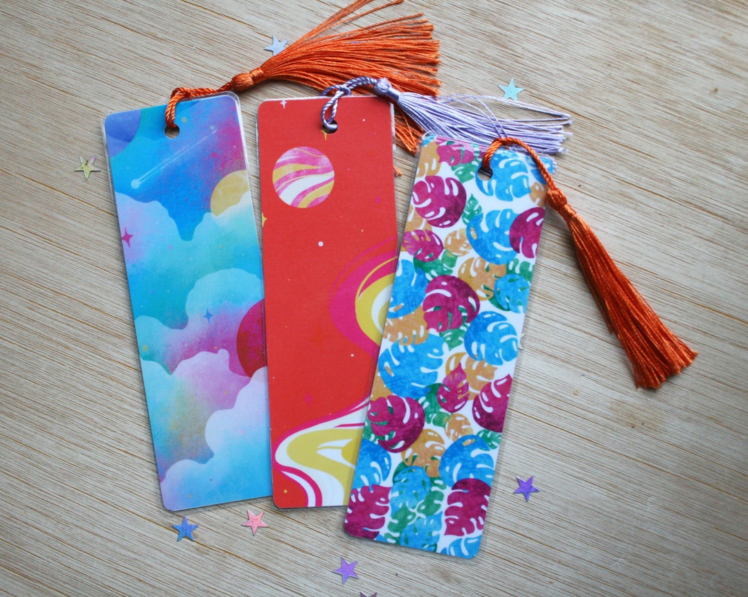 Colourful Laminated Bookmarks With Tassel Set of 3 Bookmarks Monstera