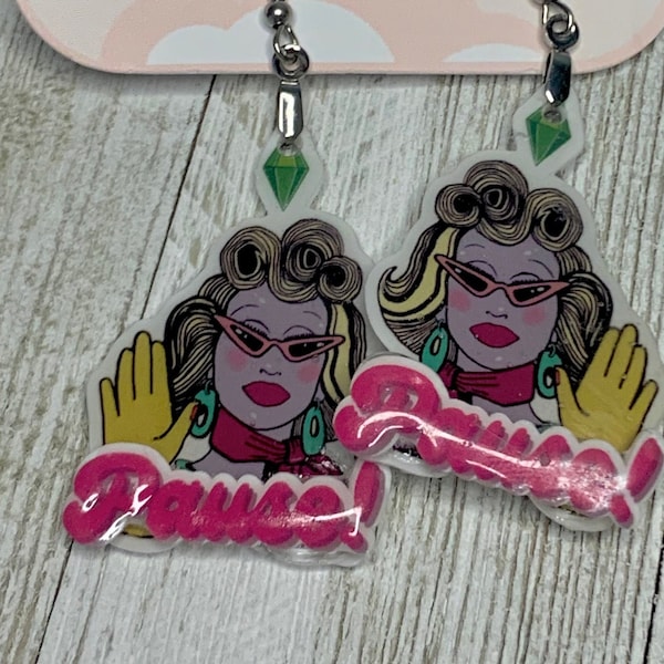 Juno Birch PAUSE Sims YouTube icon alien drag queen high gloss UV Resin shrink plastic dangle earrings with bonus stickers