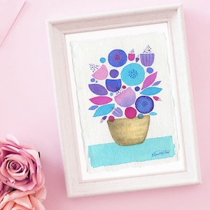 Pintura de flores abstratas em aquarela original, pequena obra de arte contemporânea floral pintado à mão arte presente do dia das mães pintura de flores coloridas