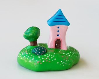 Miniature clay fairy house with tree, Handmade cute mini building sculpture, Small clay house, Mothers day gift, Little house shelf decor