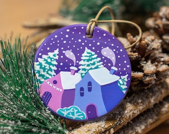 Christmas Hand painted ornament, Xmas Clay ornament Holiday gift, Round gift tag, Christmas bauble, Winter houses Christmas Seasonal decor