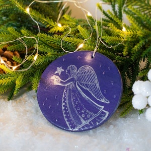 Angel with star Christmas ornament, Silver & purple angel christmas decoration, Clay Xmas hanging decor, Christmas bauble ornament gift