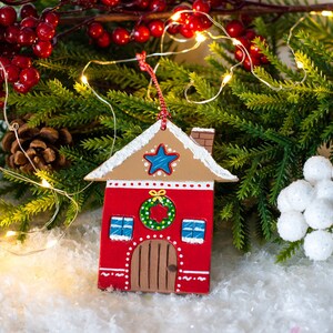 Christmas house clay ornament, Red winter house Christmas decoration, First Xmas gift, Clay Christmas holiday tree toy, Rustic holiday decor