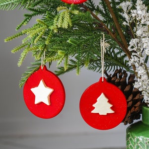 Christmas ornaments Set of 3 or 1, Clay Xmas keepsake gift, Star Heart Tree, Red Xmas tree baubles, First Christmas round hanging decoration