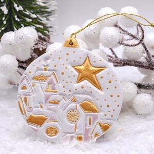Christmas winter town ceramic ornament, White Gold Embossed Xmas gift Handmade first Christmas tree decoration, Winter holiday hanging decor
