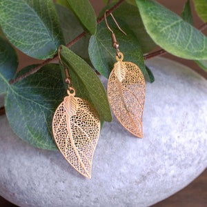 Filigree Leaf earrings Laser cut Boho chic jewelry Rose gold dangle drop Lightweight earrings for mum, Dainty Leaf Earrings Mothers day gift