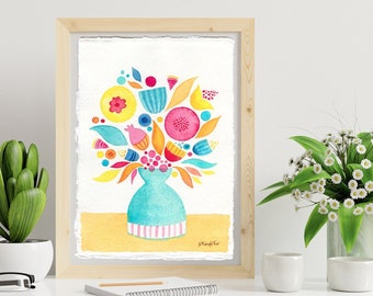 Original watercolor abstract flowers painting, Small contemporary artwork, Floral hand painted art gift, Colorful flowers gift for mother